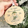 Personalised The Snowman My First Christmas Round Wooden Decoration, thumbnail 2 of 3