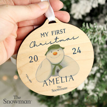 Personalised The Snowman My First Christmas Round Wooden Decoration, 2 of 3