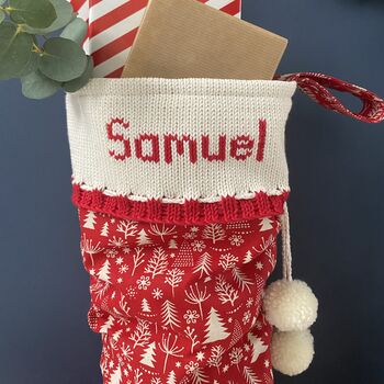 Personalised Red Christmas Stocking With Knitted Cuff, 3 of 6