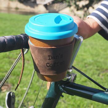 Personalised Reusable Coffee Cup Leather Bike Holder, 3 of 6