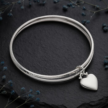 Personalised Heavy Sterling Silver Double Bangle With Heart Charm, 4 of 10