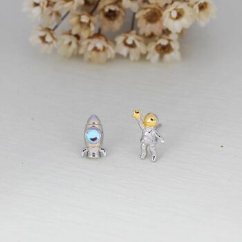 Mismatched Astronaut And Rocket Stud Earrings In Sterling Silver, 4 of 12