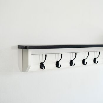 White Coat Rack With Black Shelf 10cm Deep, Shelf With Hooks, Black Hooks, Silver Hooks, Bronze, Copper, Chrome Hooks, Brass Hooks, 9 of 10