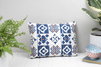 Marisol Feather Cushion, Blue And Orange Design, 2 of 2