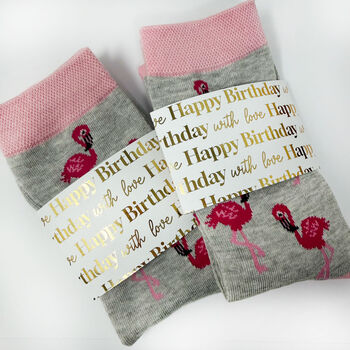 Birthday Flamingo Bamboo Socks With Gold Foil Label And Option To Personalise, 4 of 12