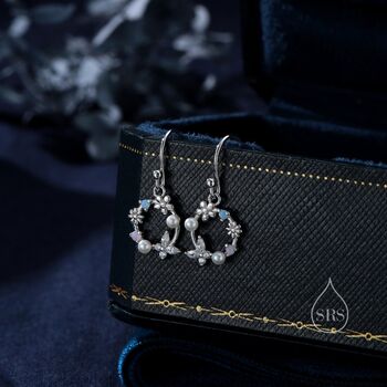 Sterling Silver Flower Wreath Drop Hook Earrings, 2 of 10