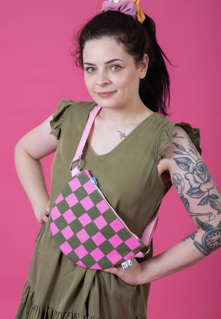 Waxed Canvas Crossbody Bag Pink Checkered Pattern On Green, 1 of 4