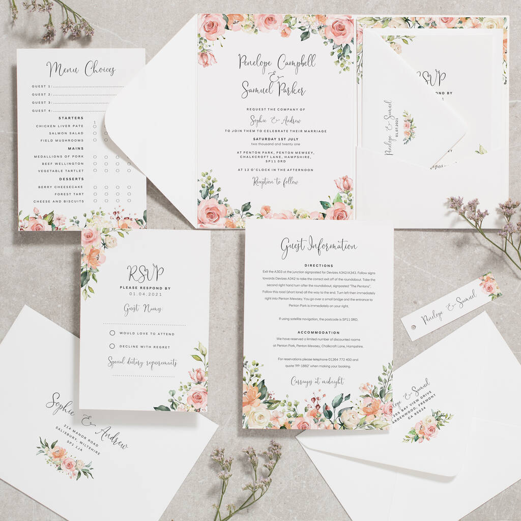 Blush Floral Pocketfold Wedding Invitations, 1 of 7