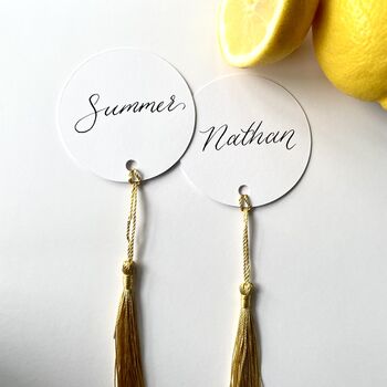 Gold Tassel Circular Calligraphy Place Cards, 2 of 2
