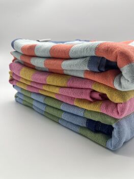 Dolce 100% Cotton Modern Striped Beach Towel Pink / Yellow And Green, 11 of 11