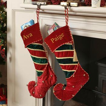 Personalised Luxury Elf Boot Stocking With Bells, 7 of 7