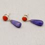 Purple Jade, Red Coral Drop Earrings, thumbnail 4 of 6