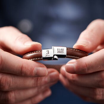 Personalised Men's Three Year Anniversary Steel And Leather Bracelet, 2 of 4