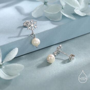 Sterling Silver Snowflake And Natural Pearl Stud Earrings, 5 of 12
