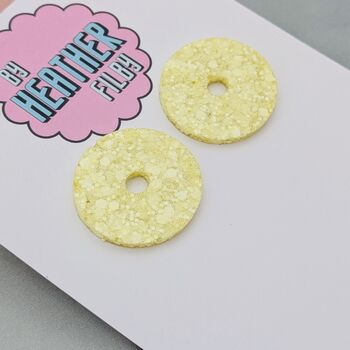 Circle Glitter Resin Earrings / Butter Yellow Earrings / Statement Studs / Modern Statement Fashion Earrings, 2 of 9