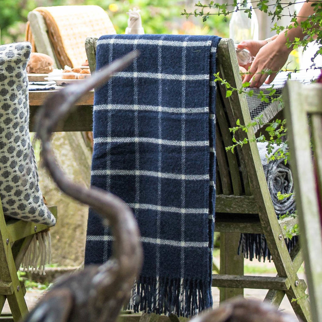 navy blue and white check wool throw by marquis & dawe