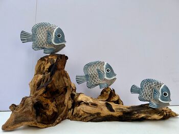 48cm Hand Carved Coral And Blue Fish Figurine On Teak Root Ornament, 2 of 9