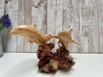 Hand Carved Wooden Dolphin Pair Sculpture Ornament, 7 of 12
