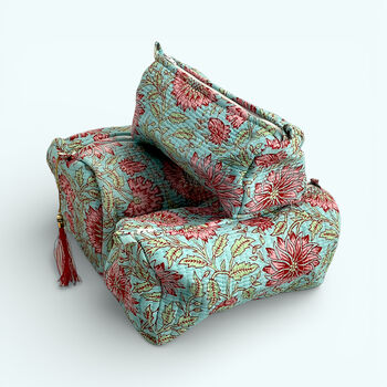 Pink And Blue Floral Block Print Cotton Washbag, Make Up Bag, With Waterproof Lining Set Of Three, 3 of 6