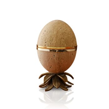 Travertine Lotus Egg Sculpture With Brass Band, 2 of 2