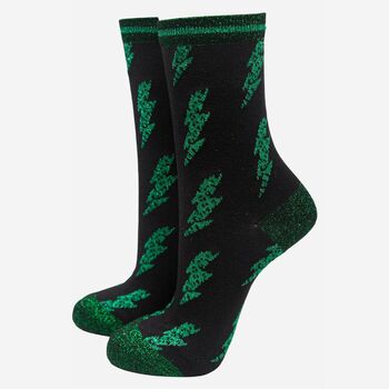 Women's Lightning Bolt Glitter Bamboo Socks Green, 2 of 3