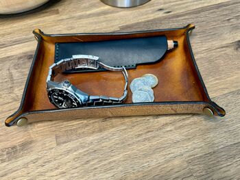 Personalised Rectangle Burnt Tan Leather Desk Tray, 7 of 12