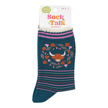 Highland Cow Floral Wreath Striped Bamboo Ankle Socks Women's Green, 2 of 3