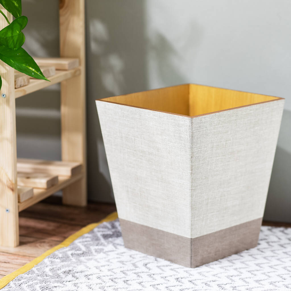 Wooden Waste Paper Bin Hessian Taupe, 1 of 5