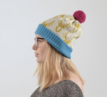 Bright Lambswool Knitted Stag Bobble Hat, 7 of 11