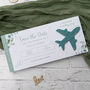 Eucalyptus Wedding Boarding Pass Save The Date With Acrylic Magnetic Plane, thumbnail 1 of 5