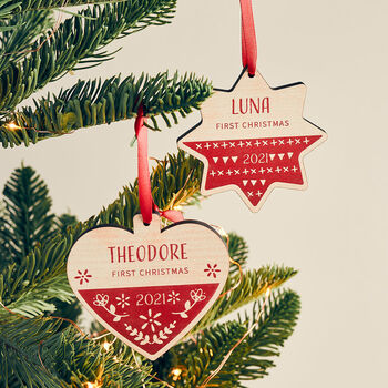 Personalised First Christmas Scandi Maple Wood Bauble, 3 of 4