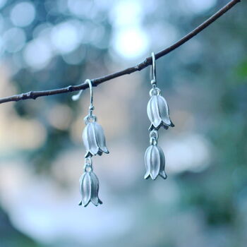 Silver Bluebell Flower Double Drop Earrings, Silver Plated, 2 of 3