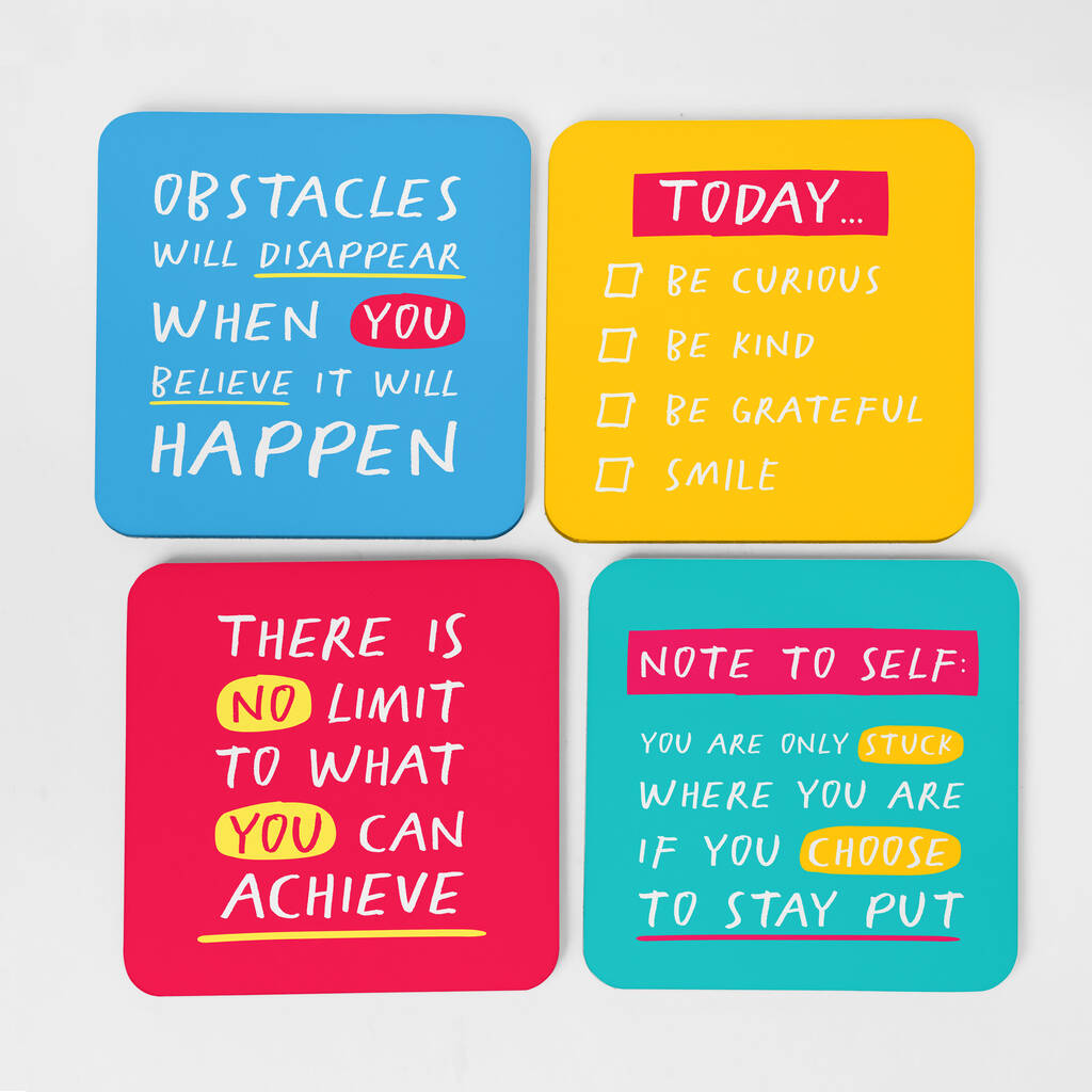Four Colourful Coasters With Encouraging Messages By The Joy of