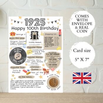 100th Birthday Card With 1925 Coin Choose Card Colour, 2 of 3