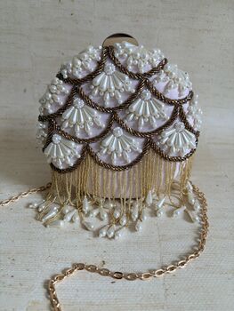 Pink Handcrafted Pearl Circular Clutch, 5 of 9