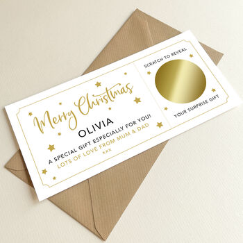 Personalised Christmas Surprise Scratch Card: Stars And Gold Circle Design, 5 of 8