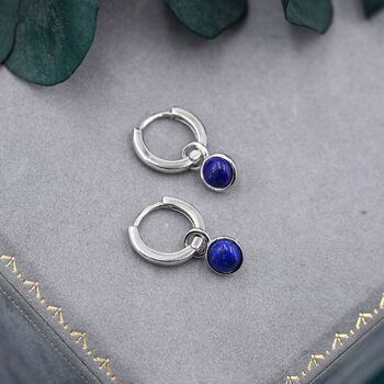 Sterling Silver Dangling Lapis Lazuli Hoop Earrings, 8 of 11
