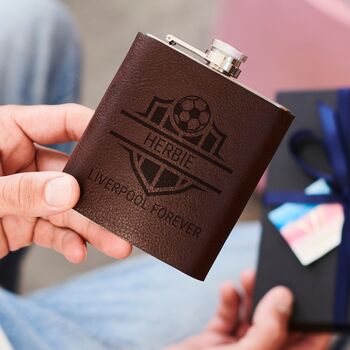Personalised Hip Flask With Leather Sleeve And Engraved Football Design With Chosen Name And Football Club, 2 of 5