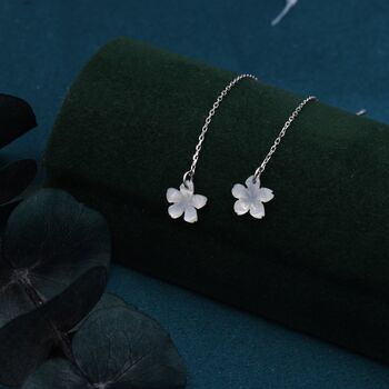 Sterling Silver Hand Carved Mother Of Pearl Apple Blossom Threader Earrings, 2 of 8