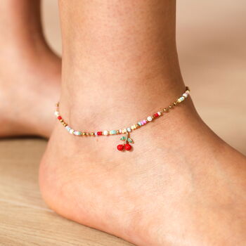 Stainless Steel Multicolour Beaded Cherry Charm Anklet In Gold Plating, 3 of 4