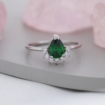 Genuine Pear Cut Emerald Green Cz Crown Ring, 7 of 11