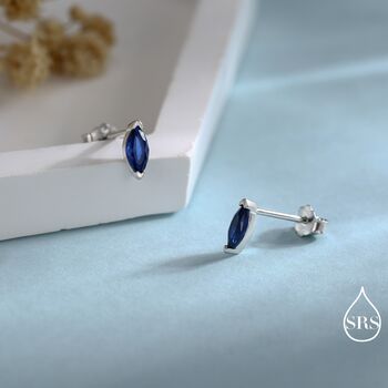 Sterling Silver Marquise Sapphire Blue Stud Earrings, 5 of 11