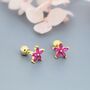 Sterling Silver Ruby Pink Cz Flower Barbell Earrings, thumbnail 5 of 11