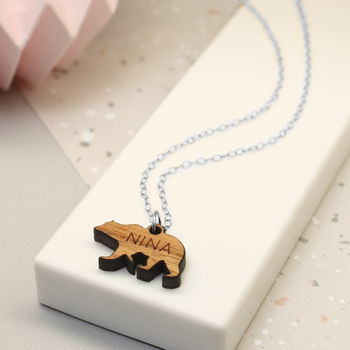 Personalised Wooden Bear Silhouette And Name Necklace, 2 of 2