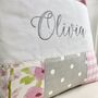 Pink And Grey Patchwork Name Cushion, thumbnail 4 of 4