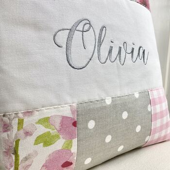 Pink And Grey Patchwork Name Cushion, 4 of 4