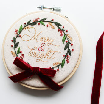 “Merry And Bright” Wreath With Velvet Bow Beginner Embroidery Kit, Hand Embroidery, 5 of 6