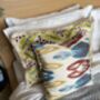 Modern, Oblong, Velvet, Ikat, Cushion With Cream Silk Tassels Blue, Yellow, Burgundy And Cream Abstract Design, thumbnail 8 of 8