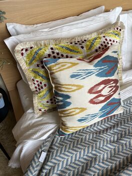 Modern, Oblong, Velvet, Ikat, Cushion With Cream Silk Tassels Blue, Yellow, Burgundy And Cream Abstract Design, 8 of 8