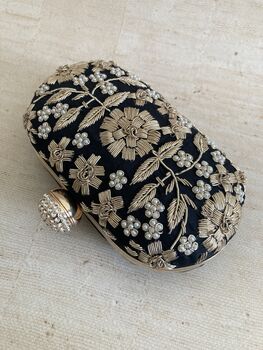 Black Handcrafted Embroidered Pearl Oval Clutch Bag, 7 of 10